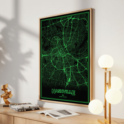 Nashville Phosphor Map Poster - Phosphor Green