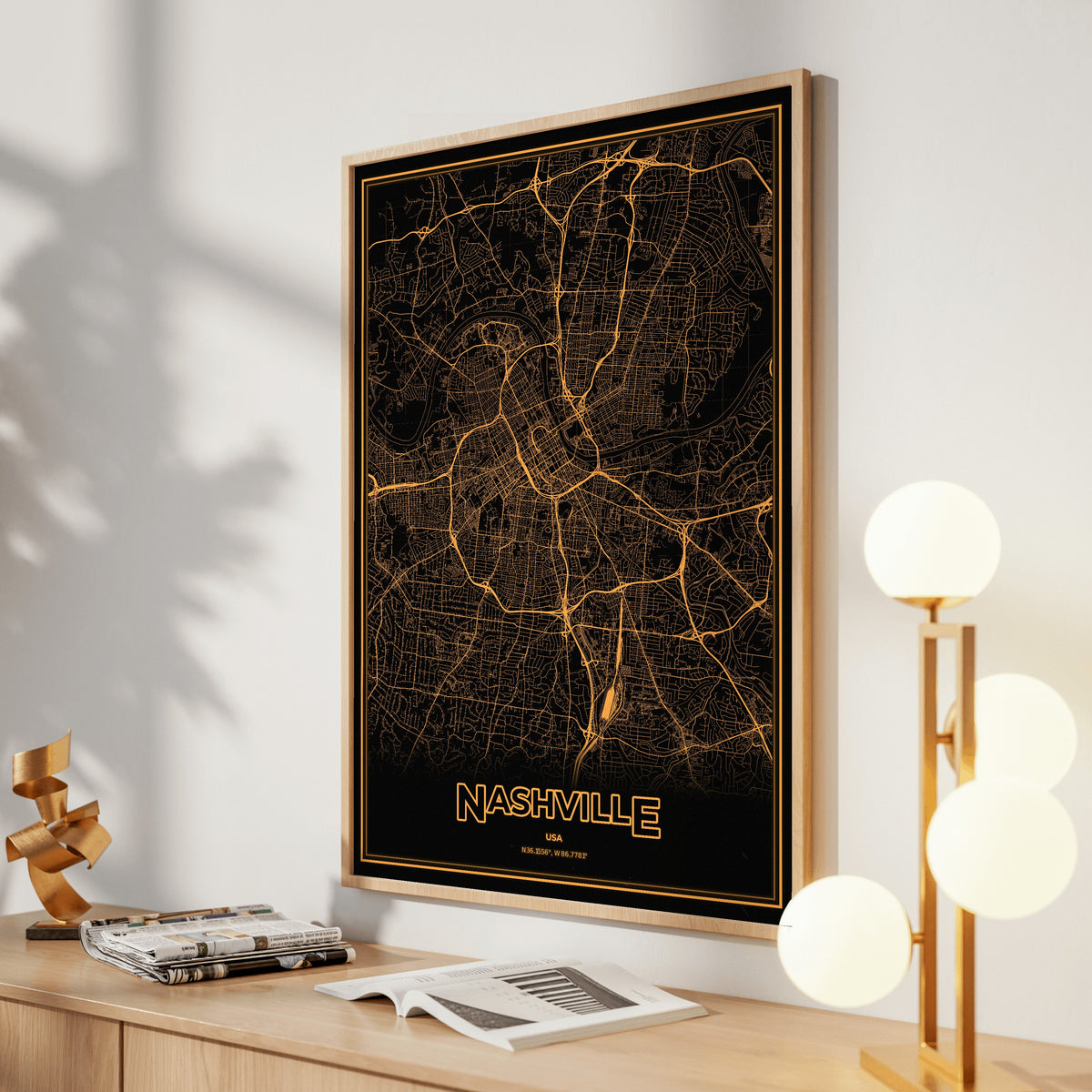 Nashville Phosphor Map Poster - Amber CRT