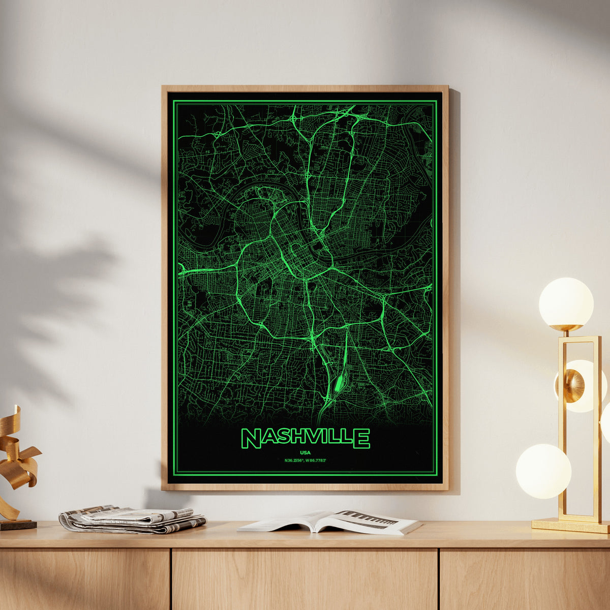 Nashville Phosphor Map Poster - Phosphor Green