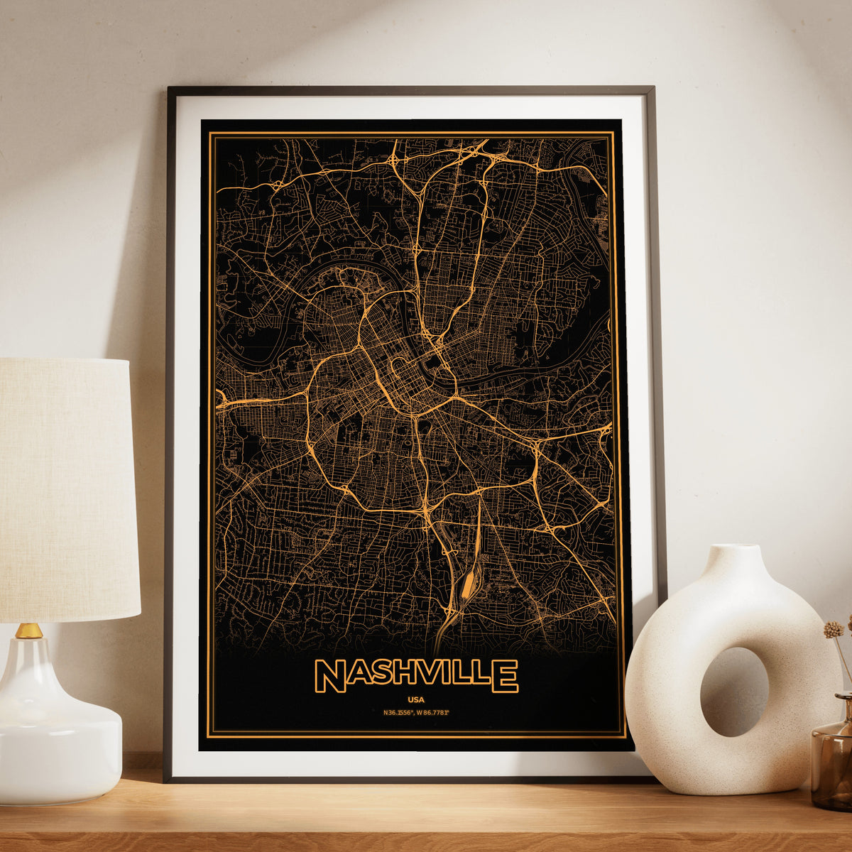 Nashville Phosphor Map Poster - Amber CRT