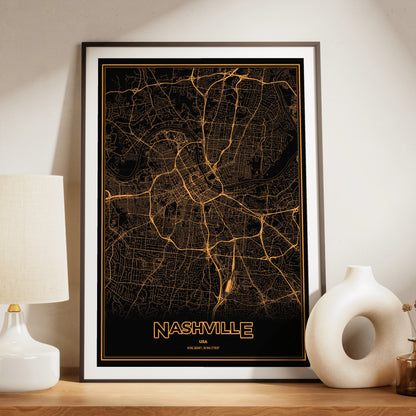 Nashville Phosphor Map Poster - Amber CRT