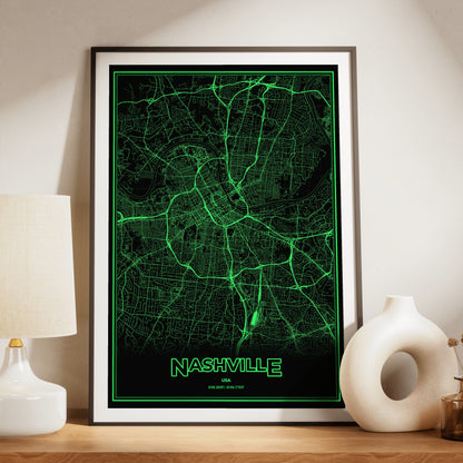 Nashville Phosphor Map Poster - Phosphor Green