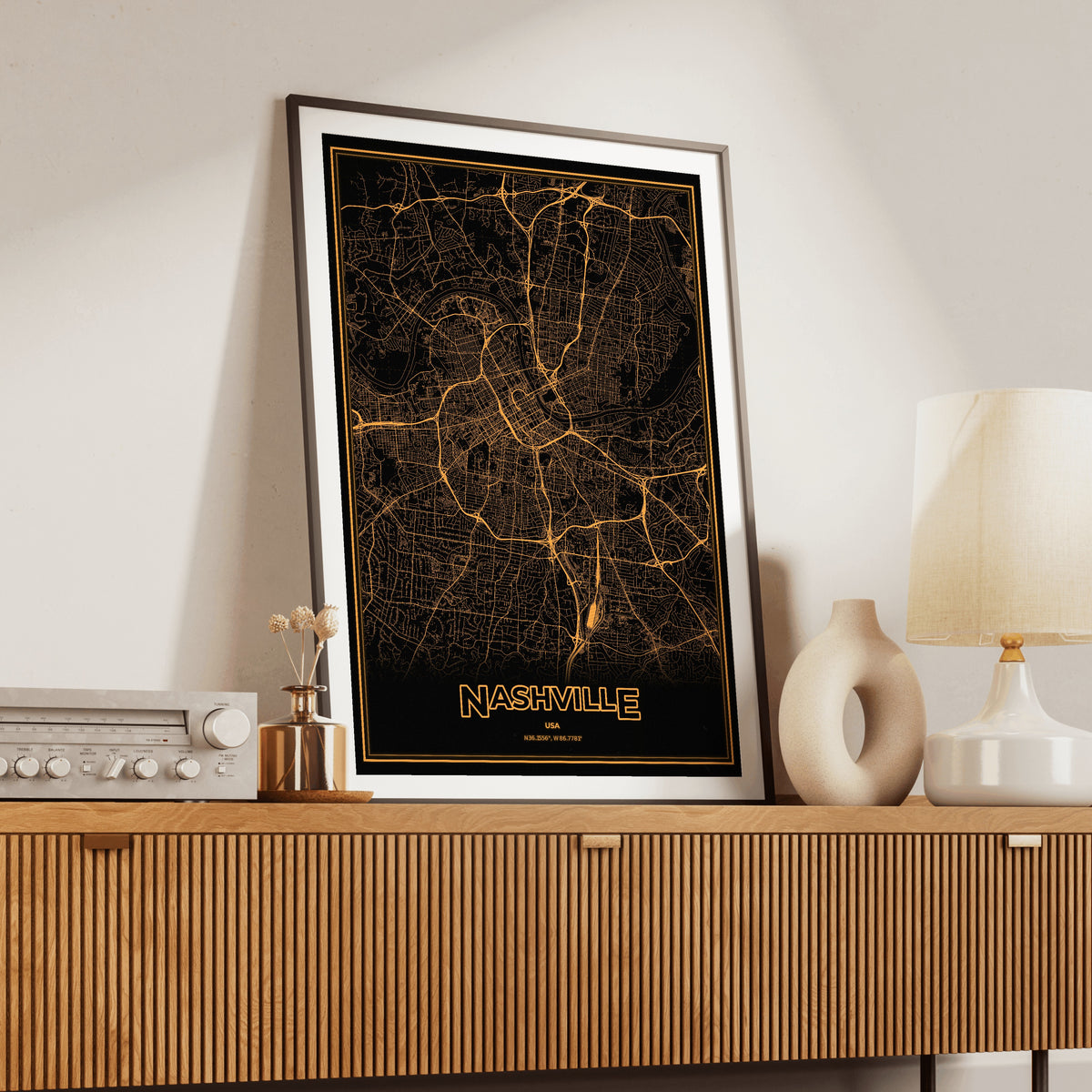 Nashville Phosphor Map Poster - Amber CRT