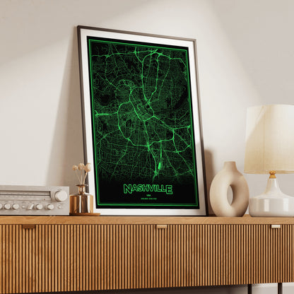 Nashville Phosphor Map Poster - Phosphor Green