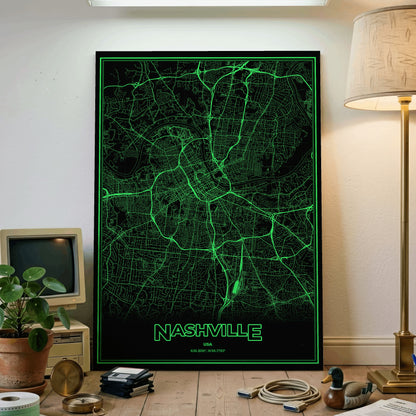 Nashville Phosphor Map Poster - Phosphor Green