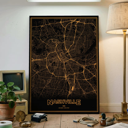 Nashville Phosphor Map Poster - Amber CRT