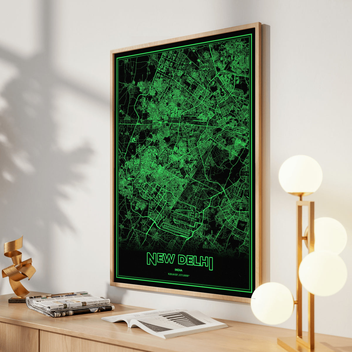 New Delhi Phosphor Map Poster - Phosphor Green