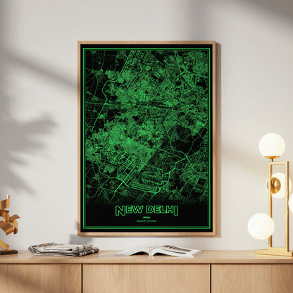 New Delhi Phosphor Map Poster - Phosphor Green
