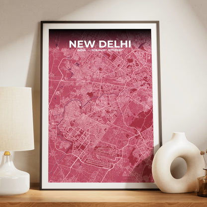 New Delhi Scarlet Map Poster