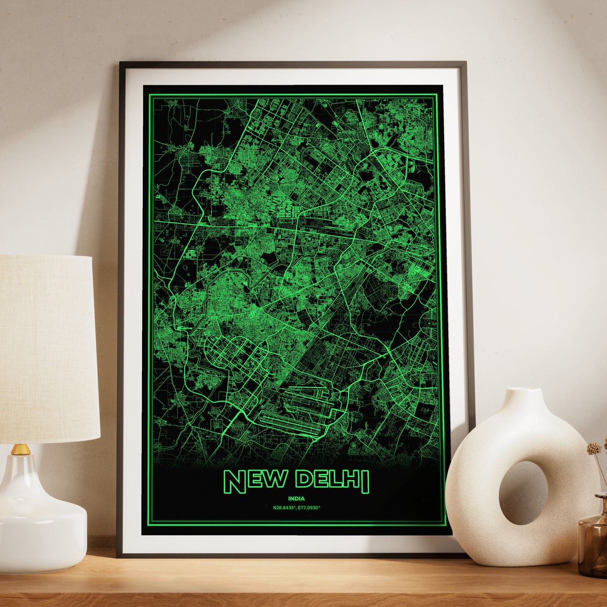 New Delhi Phosphor Map Poster - Phosphor Green