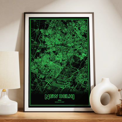 New Delhi Phosphor Map Poster - Phosphor Green