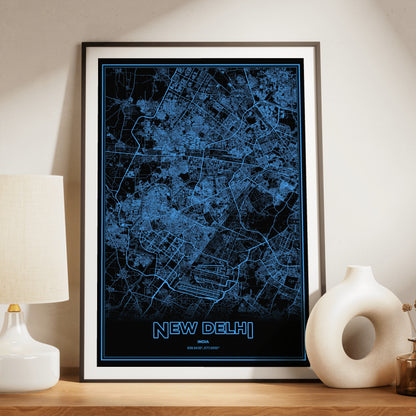 New Delhi Phosphor Map Poster - IBM Blue