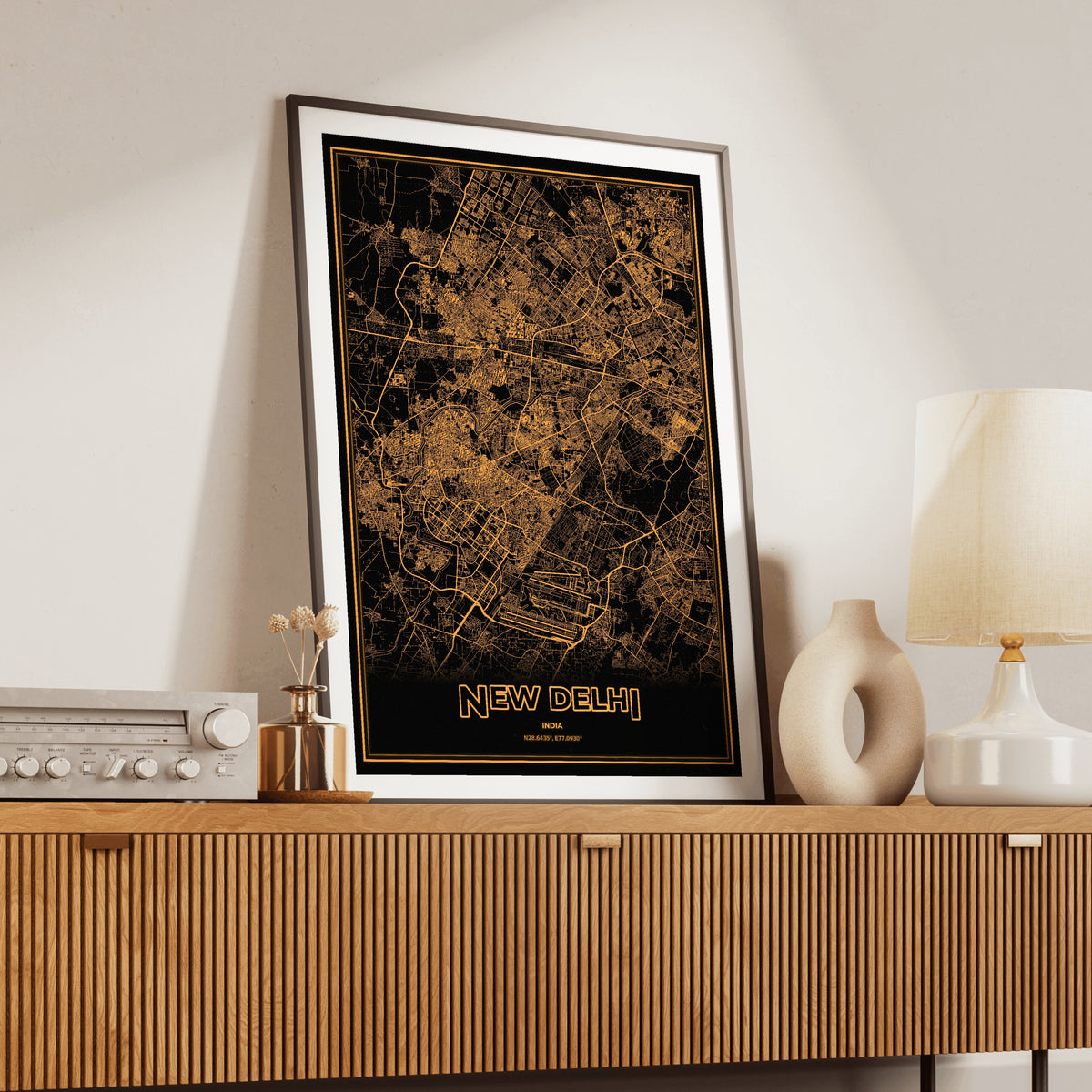 New Delhi Phosphor Map Poster - Amber CRT