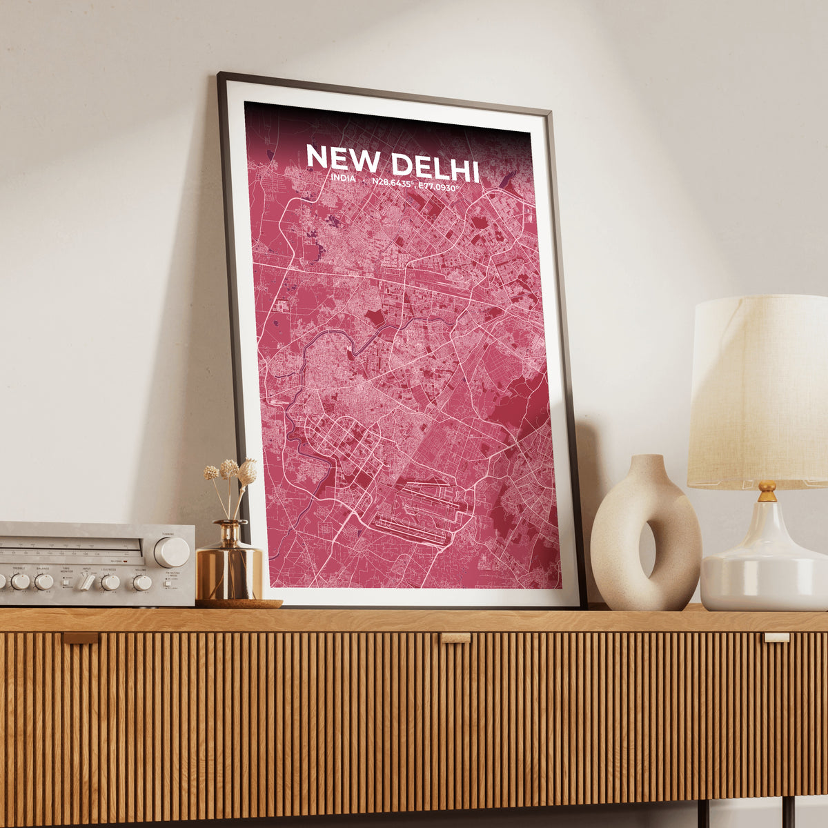 New Delhi Scarlet Map Poster