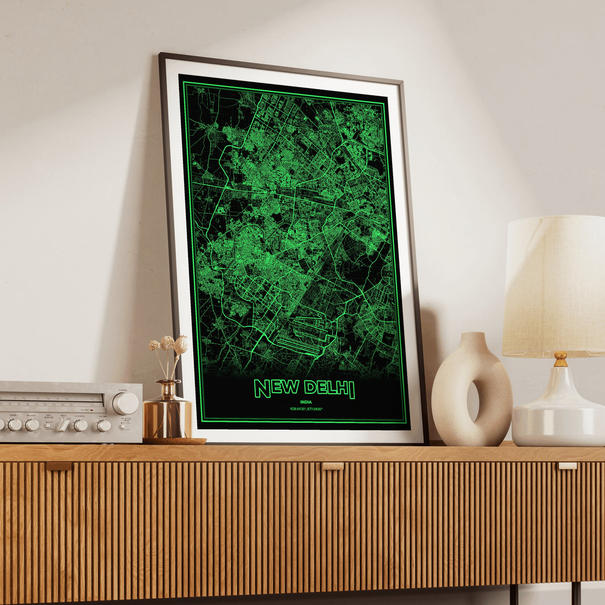 New Delhi Phosphor Map Poster - Phosphor Green