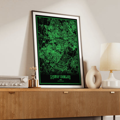 New Delhi Phosphor Map Poster - Phosphor Green