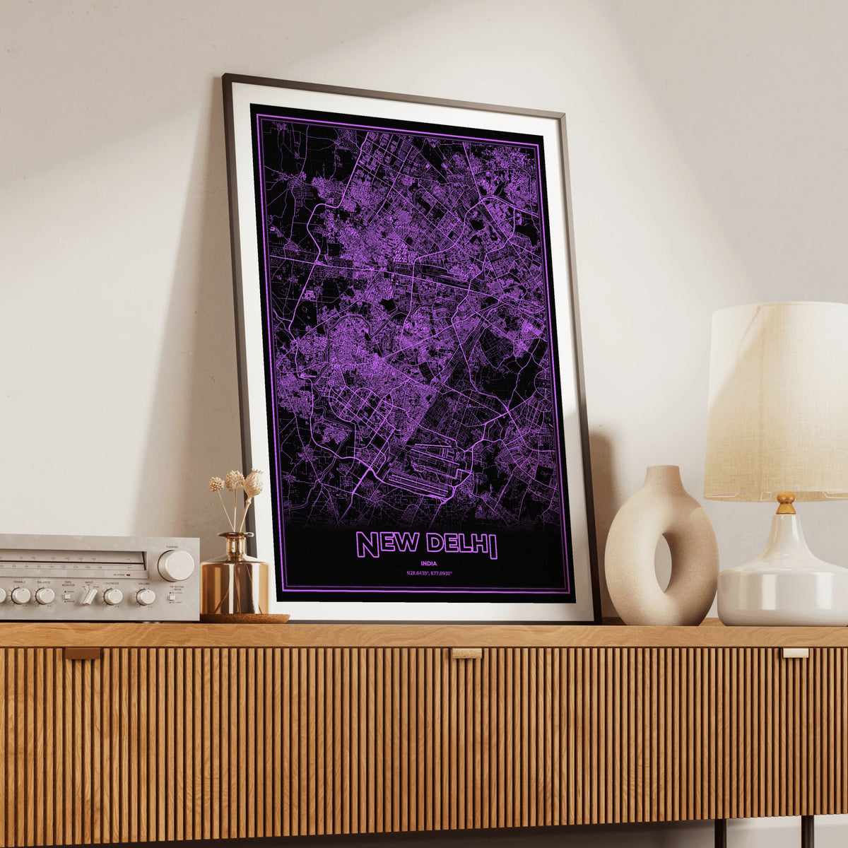 New Delhi Phosphor Map Poster - EGA Violet