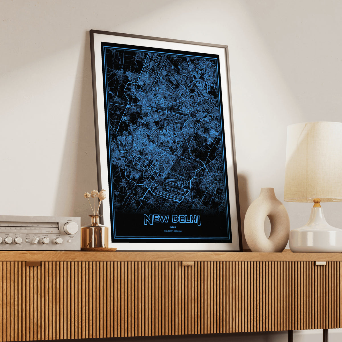 New Delhi Phosphor Map Poster - IBM Blue