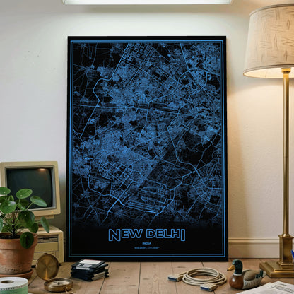 New Delhi Phosphor Map Poster - IBM Blue