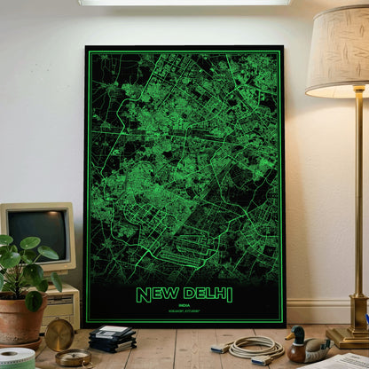 New Delhi Phosphor Map Poster - Phosphor Green