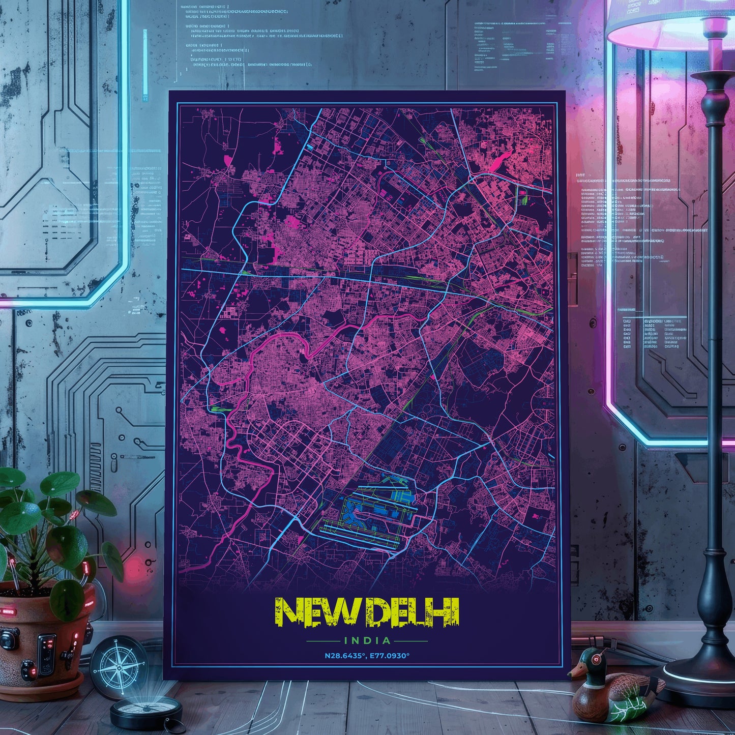 New Delhi Cyberpunk Map Poster