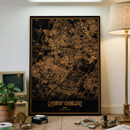 New Delhi Phosphor Map Poster - Amber CRT