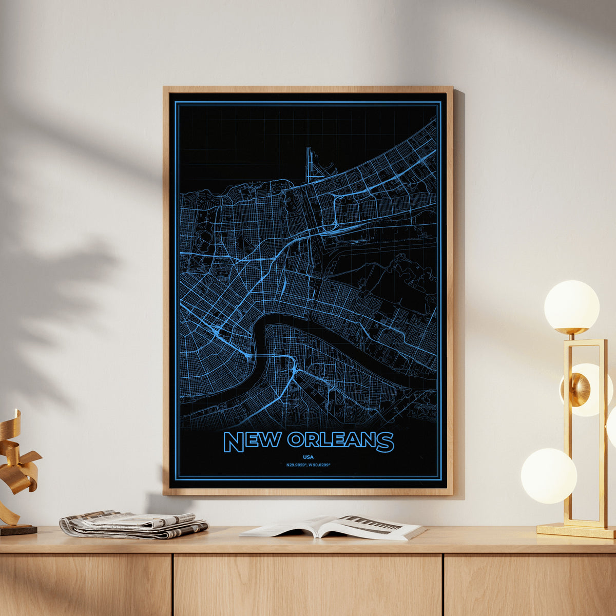 New Orleans Phosphor Map Poster - IBM Blue
