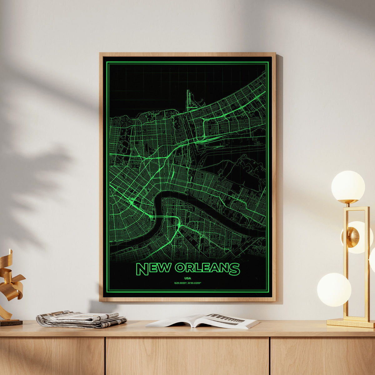 New Orleans Phosphor Map Poster - Phosphor Green