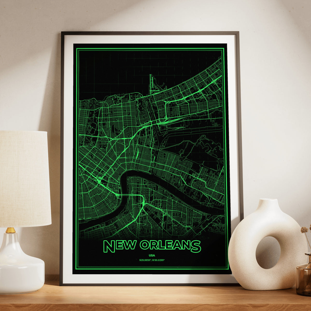 New Orleans Phosphor Map Poster - Phosphor Green