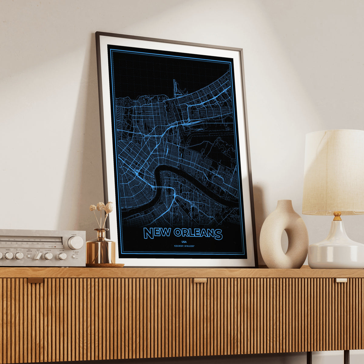 New Orleans Phosphor Map Poster - IBM Blue