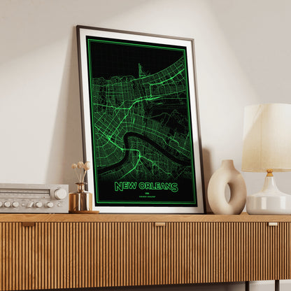 New Orleans Phosphor Map Poster - Phosphor Green