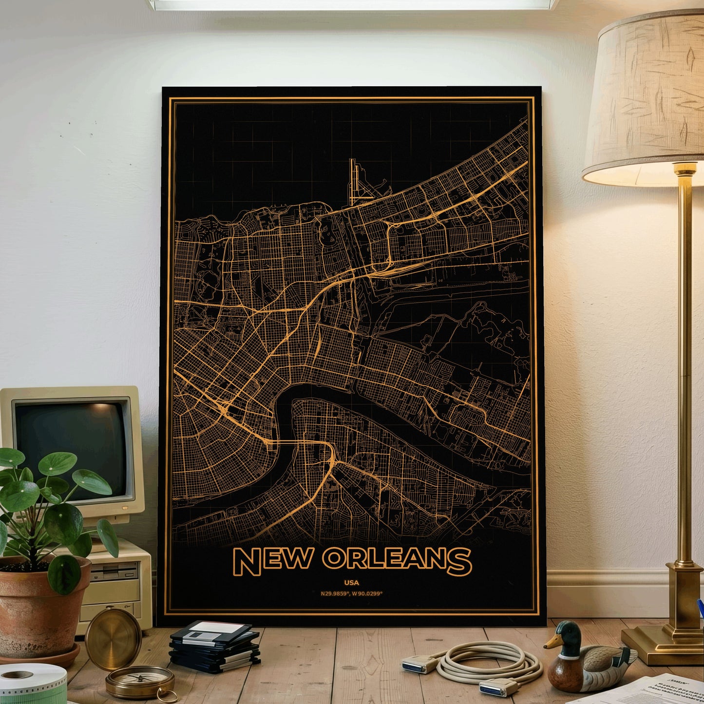 New Orleans Phosphor Map Poster - Amber CRT