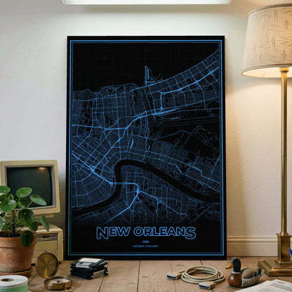 New Orleans Phosphor Map Poster - IBM Blue