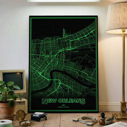 New Orleans Phosphor Map Poster - Phosphor Green
