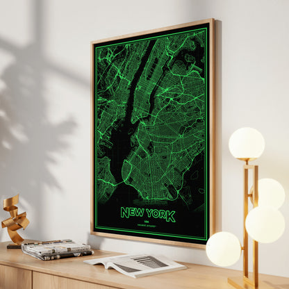 New York Phosphor Map Poster - Phosphor Green