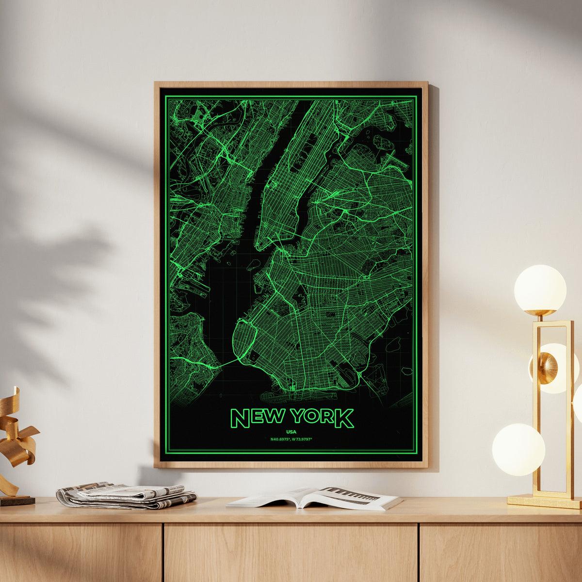 New York Phosphor Map Poster - Phosphor Green