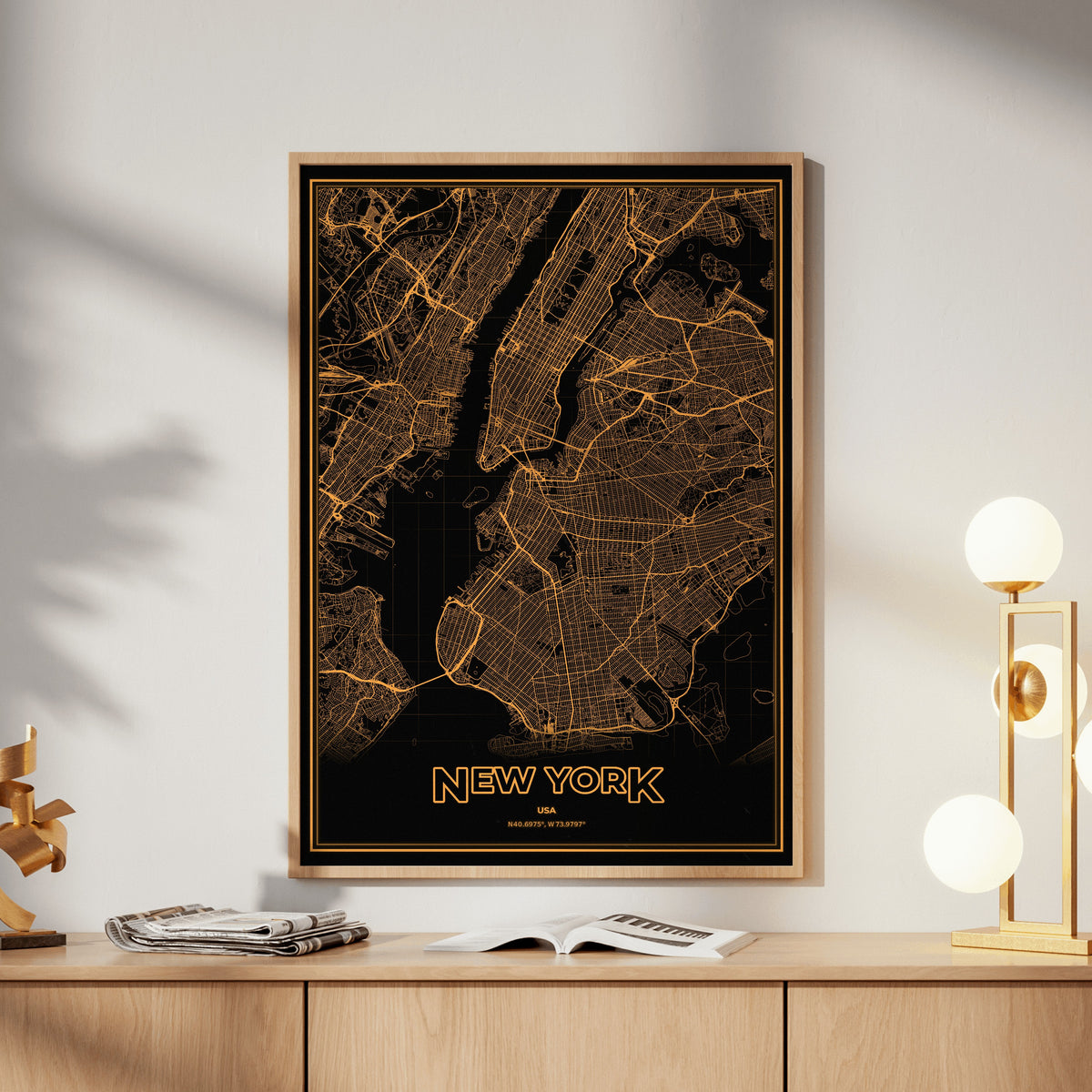 New York Phosphor Map Poster - Amber CRT