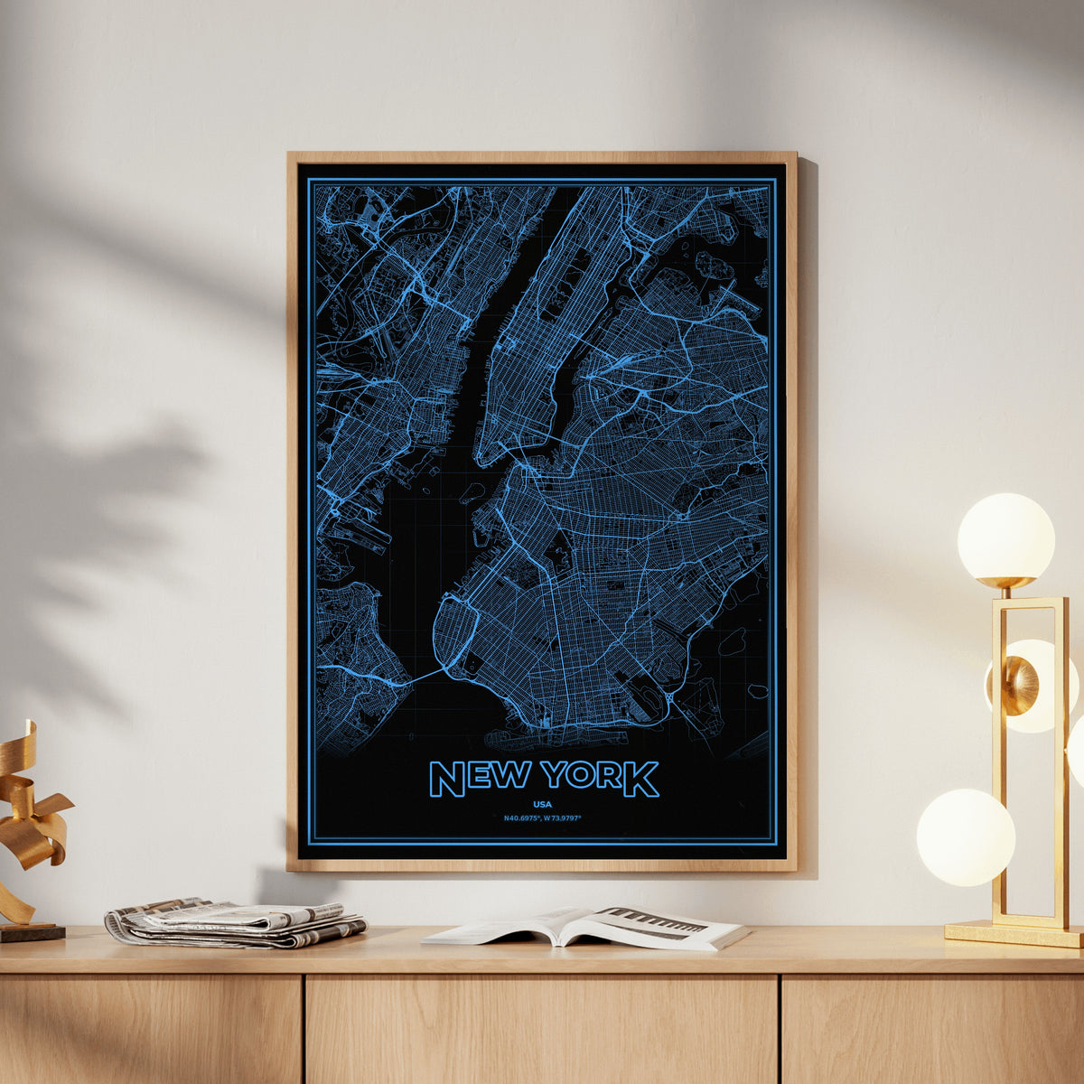 New York Phosphor Map Poster - IBM Blue