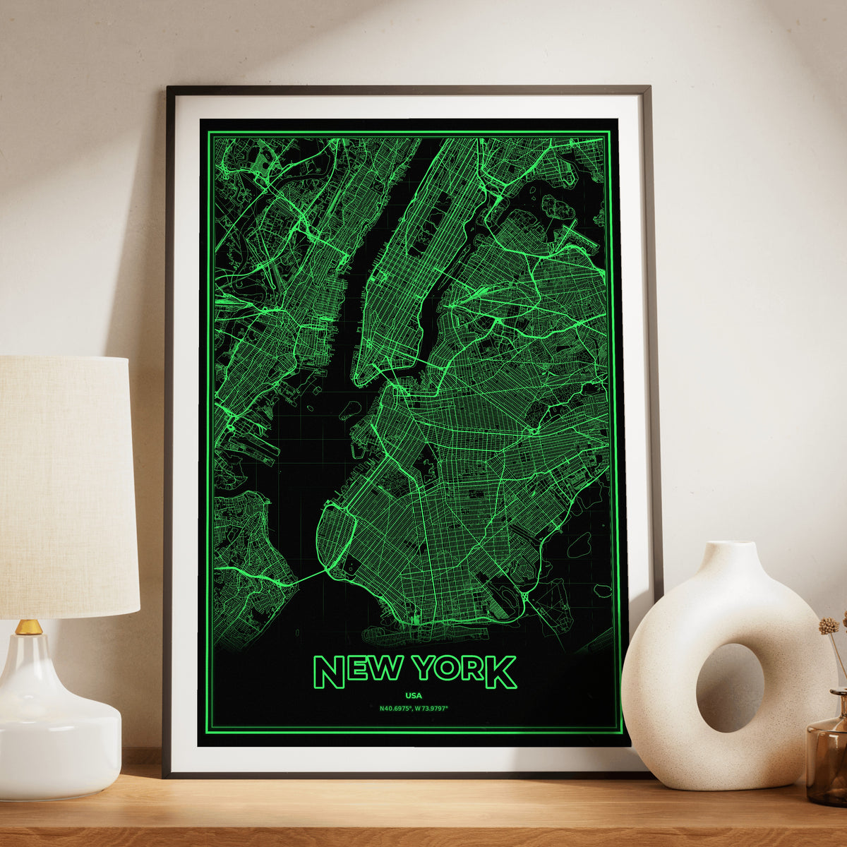 New York Phosphor Map Poster - Phosphor Green