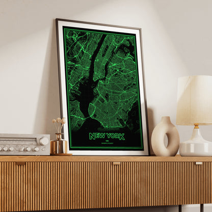 New York Phosphor Map Poster - Phosphor Green