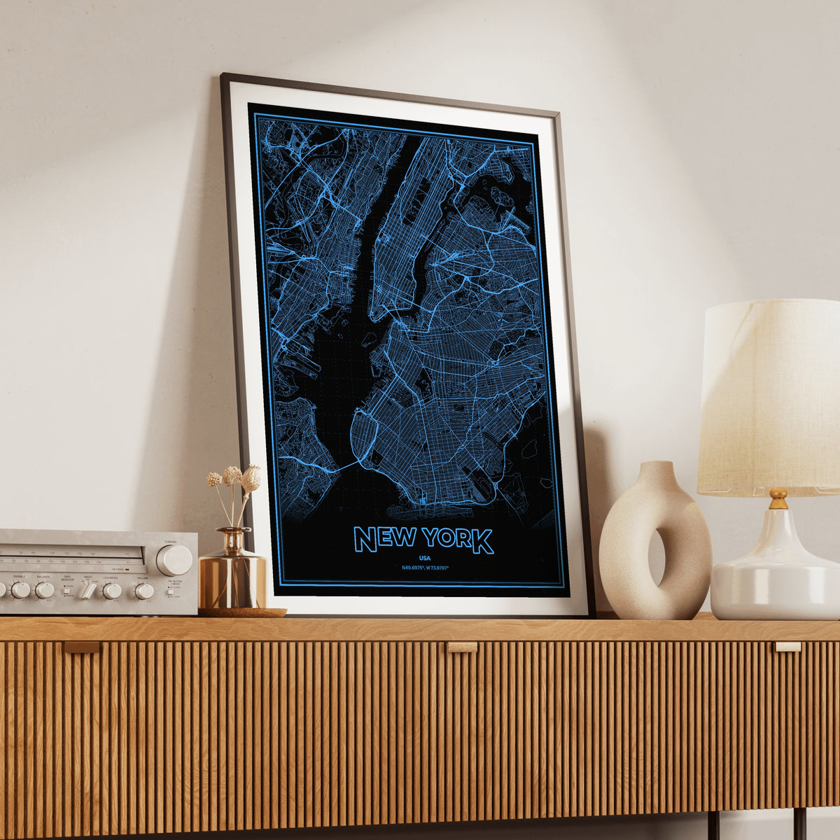 New York Phosphor Map Poster - IBM Blue