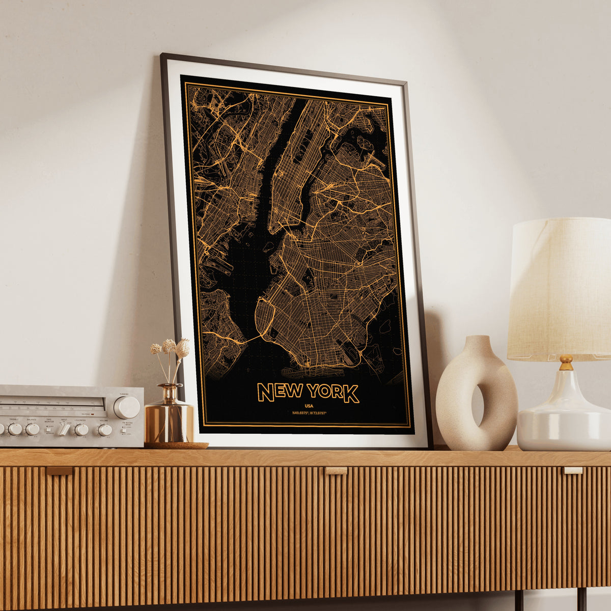 New York Phosphor Map Poster - Amber CRT