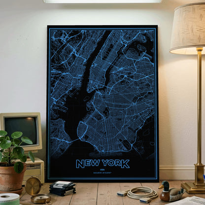 New York Phosphor Map Poster - IBM Blue