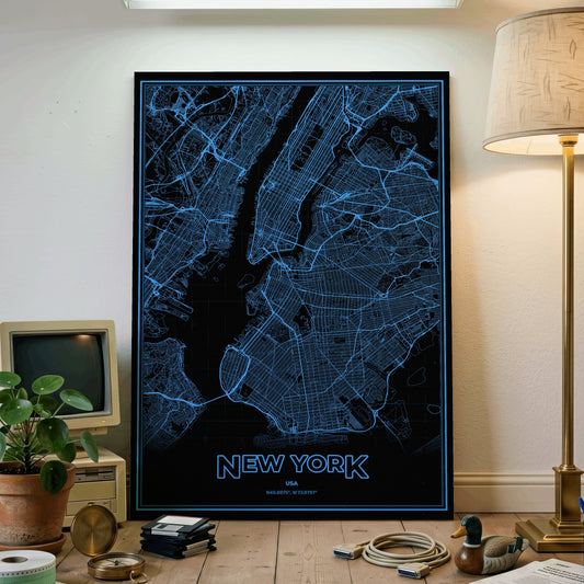 New York Phosphor Map Poster - IBM Blue