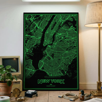 New York Phosphor Map Poster - Phosphor Green