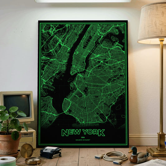 New York Phosphor Map Poster - Phosphor Green