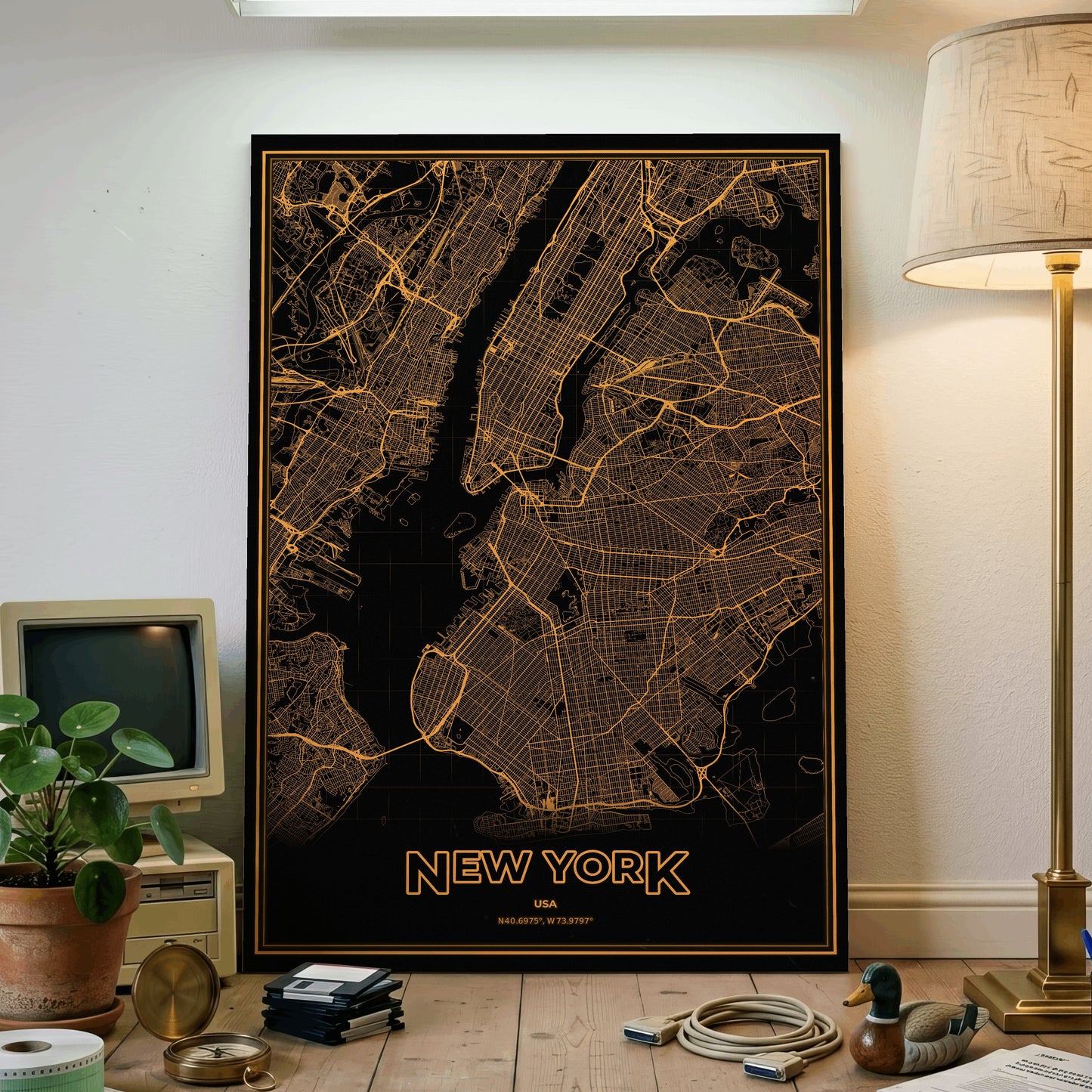 New York Phosphor Map Poster - Amber CRT
