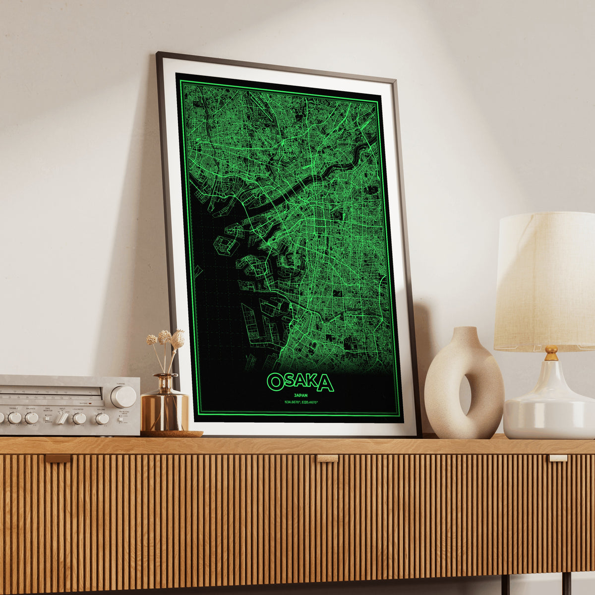 Osaka Phosphor Map Poster - Phosphor Green