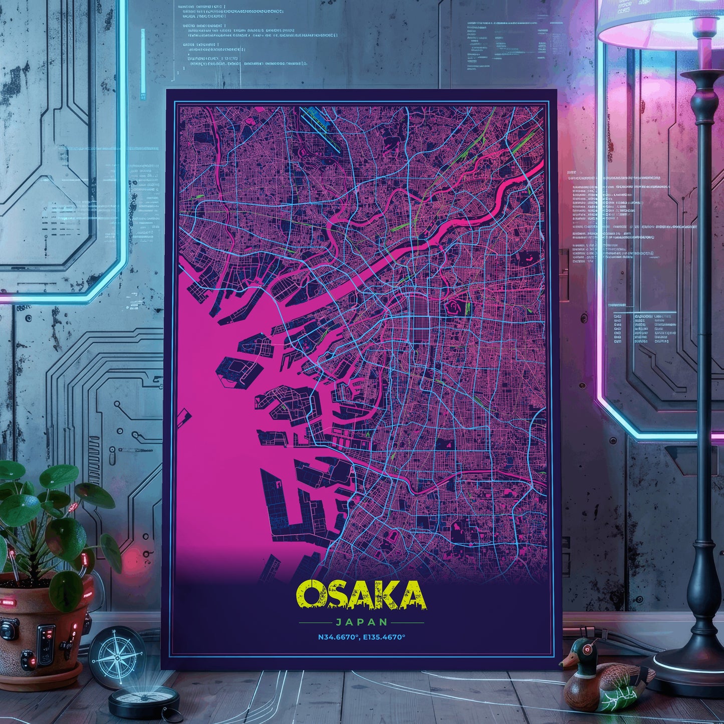 Osaka Cyberpunk Map Poster