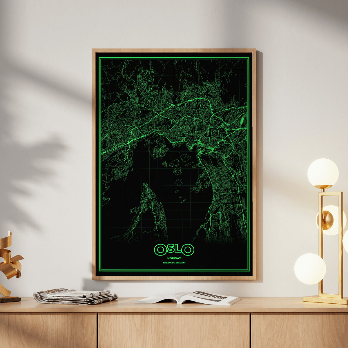 Oslo Phosphor Map Poster - Phosphor Green